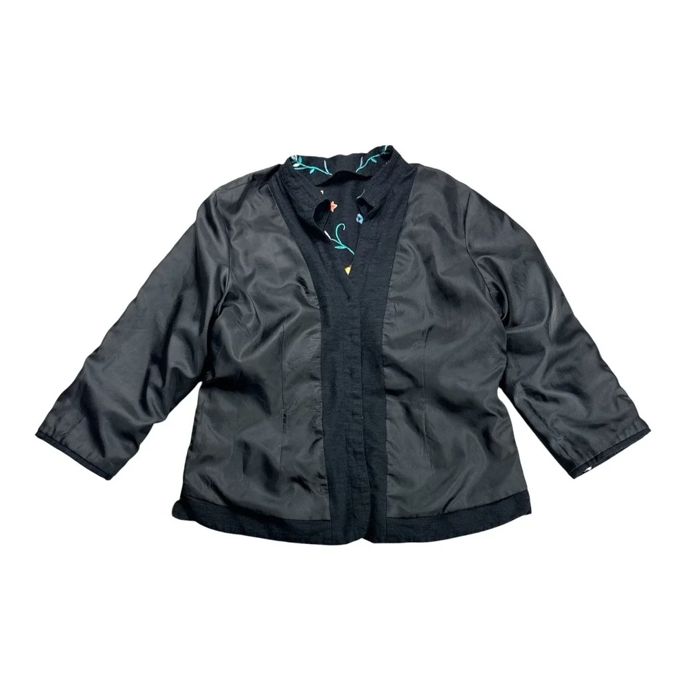 Silk Land Women's L Black 100% Silk Floral Embroidered Jacket 3/4 Sleeve